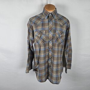 ATB Authentic Western Shirt Men 16 32/33 Brown Blue Plaid Snap Down